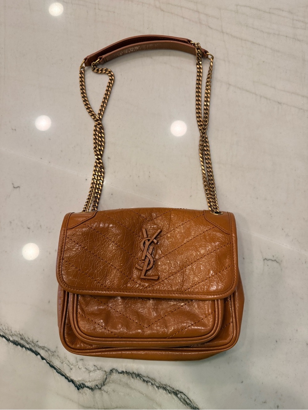 Yves Saint Laurent Tan Quilted Leather Shoulder Bag with Gold Chain